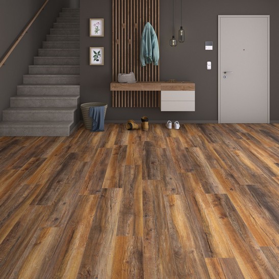Modern entrance with brown wood-effect flooring A rustic touch