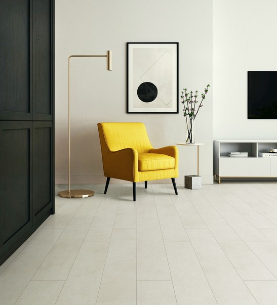 Modern living room with white concrete-effect flooring