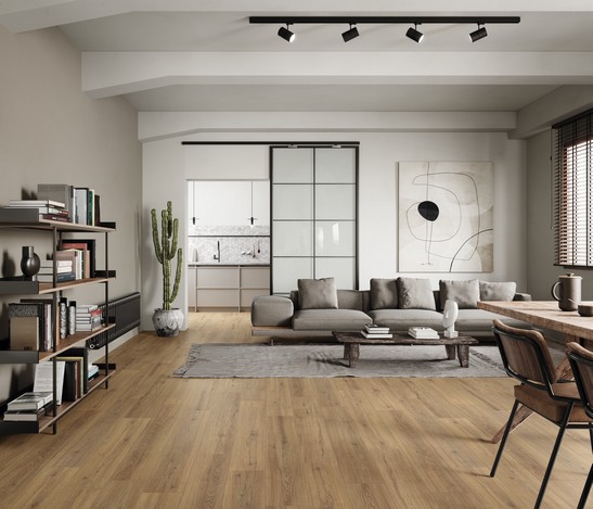 Séjour moderne, effet bois rustique