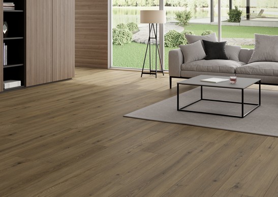 Séjour classique élégant et moderne effet bois marron avec accès jardin