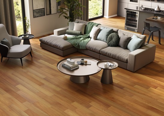 Elegantes Open Space Wohnzimmer mit Parkett aus Teakholz