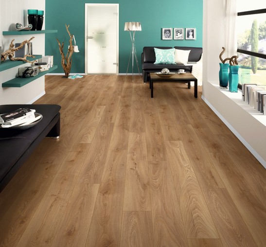 Séjour moderne avec sol en stratifié effet bois marron