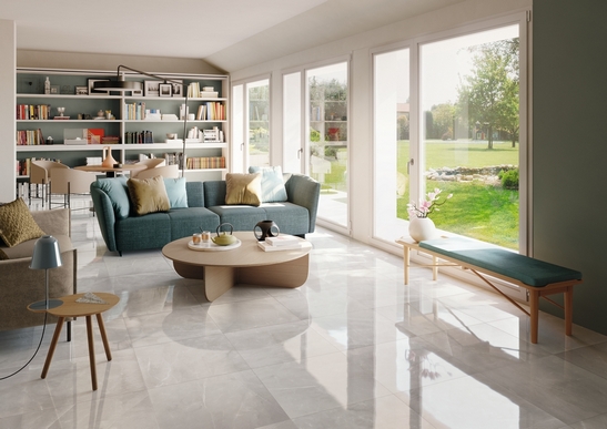 Modern classic living room, gray marble-effect flooring and white tones