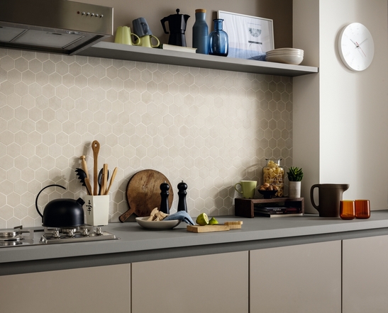 Small, linear, modern, minimal kitchen: wood-effect tiles in beige and gray tones