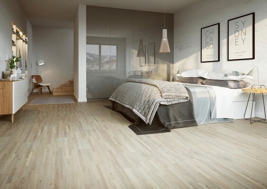 Chambre moderne avec sol effet bois beige et blanc