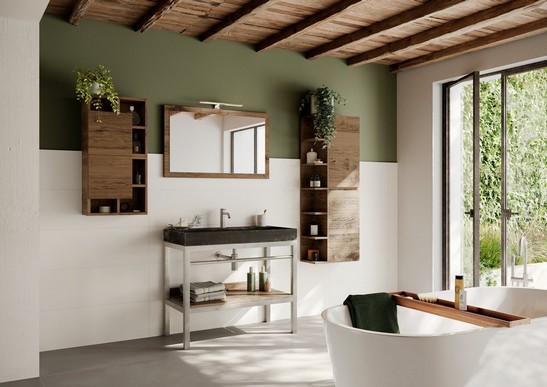 Salle de bains moderne avec baignoire, revêtement blanc et sol effet béton