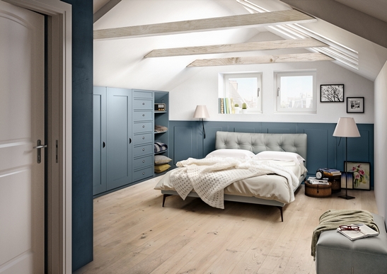 Modern vintage blue and beige bedroom, elegant natural wood parquet flooring