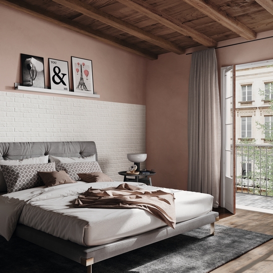 elegantes weiß-rosa Vintage-Schlafzimmer, rustikale Wandfliesen mit Steinoptik