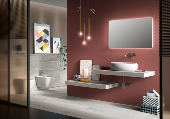 Modern colorful bathroom. White-gray wood effect and pink walls.