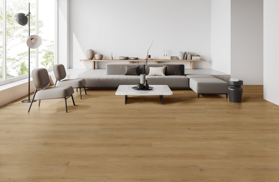 Salon moderne dans des tons clairs et sol effet bois beige