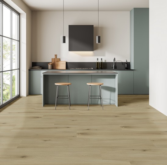 Cucina moderna minimal con isola e pavimento effetto legno beige