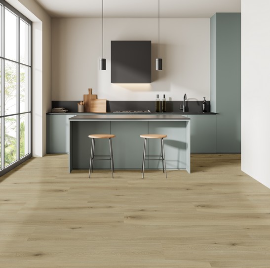 Cuisine moderne minimaliste avec îlot et sol effet bois beige