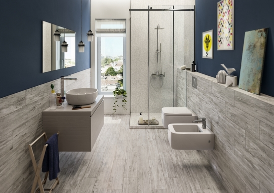 Petite salle de bains moderne, en longueur, avec douche et effet bois rustique.