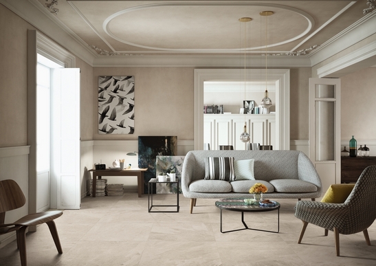 Elegant living room: luxury white stone-effect stoneware flooring