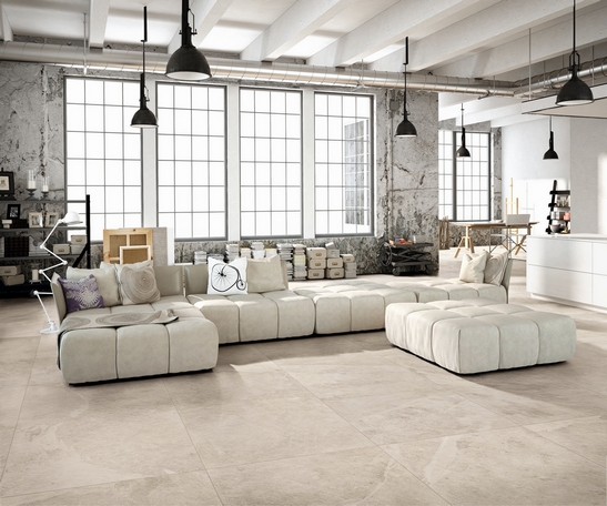 Modern open-plan living room, white-gray slate-effect flooring