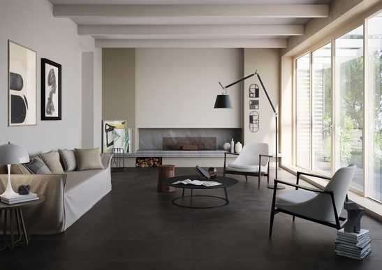 Minimalistisches, modernes Wohnzimmer: Grautöne und Feinsteinzeug-Boden in Steinoptik