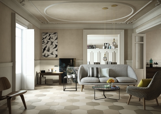 Soggiorno classico elegante, pavimento gres effetto cemento beige e bianco per un tocco vintage