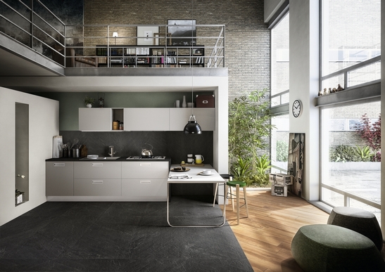 Cucina moderna minimale: pavimenti effetto pietra nera per un tocco industriale