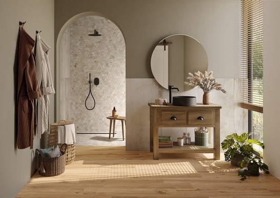 Salle de bains moderne style rustique effet métal avec douche