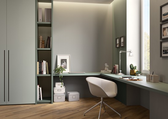 Modern study with wainscoting and wood flooring