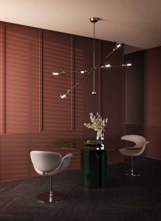 Séjour élégant classique moderne avec panneaux décoratifs muraux colorés rouge terracotta
