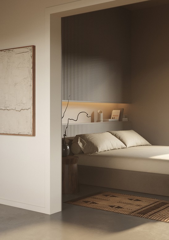 Bedroom with rustic-style wood paneling