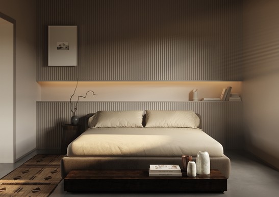 Rustic bedroom with beige-toned wood paneling