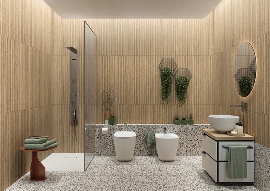 Bagno moderno di lusso con doccia effetto legno e pavimento effetto graniglia