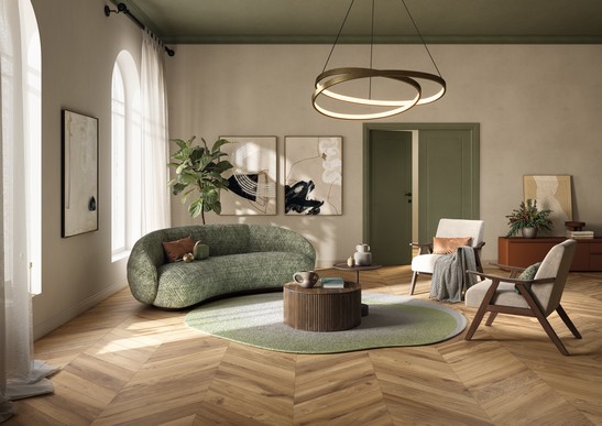 Séjour moderne de luxe avec sol en grès cérame effet bois chevron marron