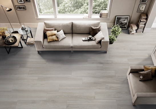 Séjour moderne minimaliste : sol en grès cérame imitation bois gris chic.