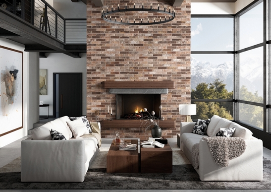 Elegant living room, fireplace covered with red brick-effect stoneware for a rustic touch