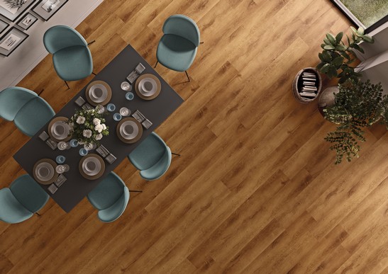 Modern and elegant living room with brown wood-effect flooring