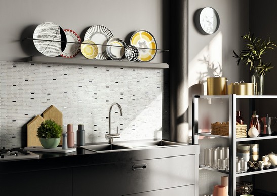 Moderne Küche im Industriestil mit weißem Mosaik und Metallic-Optik