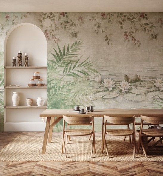 sala da pranzo rustica con carta da parati colorata 