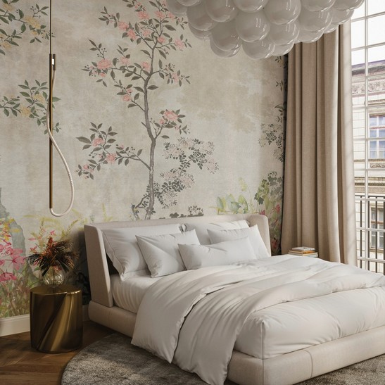 Chambre à coucher chic et moderne avec papier peint 