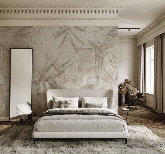 Classic and modern bedroom with wallpaper cladding