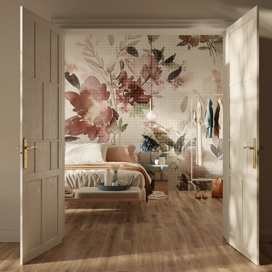 Modern and elegant bedroom with wood-effect flooring and wallpaper.