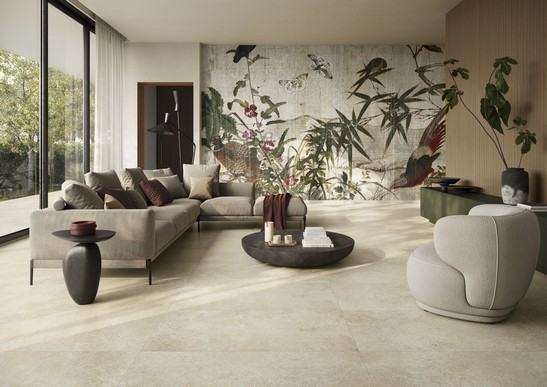 Elegant and modern living room in neutral colors with stone-effect wallpaper and flooring