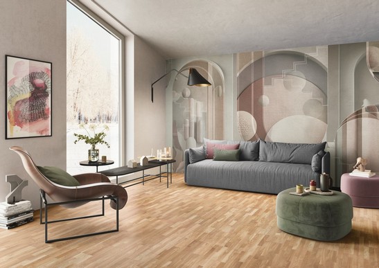 Modern living room with parquet flooring and colorful wallpaper