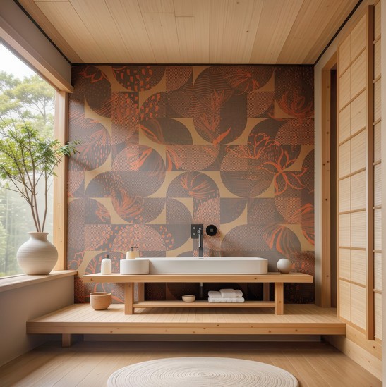 Petite salle de bains moderne en bois avec papier peint