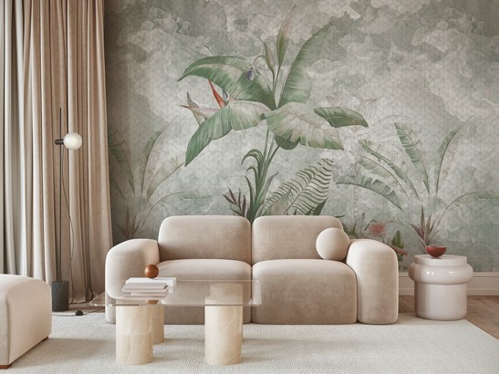 Kleines elegantes Wohnzimmer in minimalischem Stil mit Wandverkleidung aus Tapete
