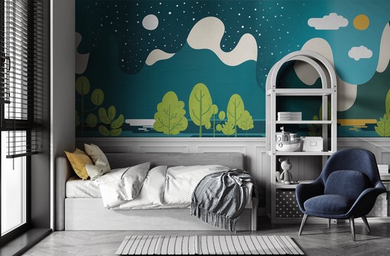 Modern and elegant bedroom in classic style. Wallpaper covering.