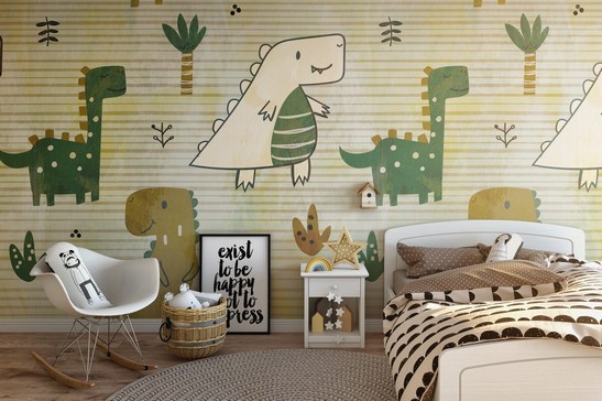 Modern and classic bedroom with colorful wallpaper.
