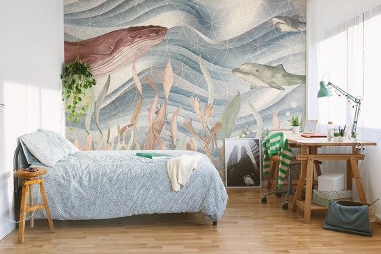 Modern and colorful bedroom with wallpaper covering.