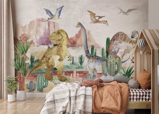 Chambre moderne et colorée avec papier peint et sol imitation bois.