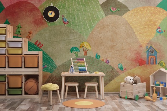 Classic and colorful bedroom with wallpaper wall covering.