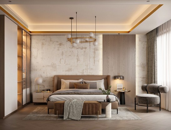 Modern and elegant bedroom with wallpaper covering.