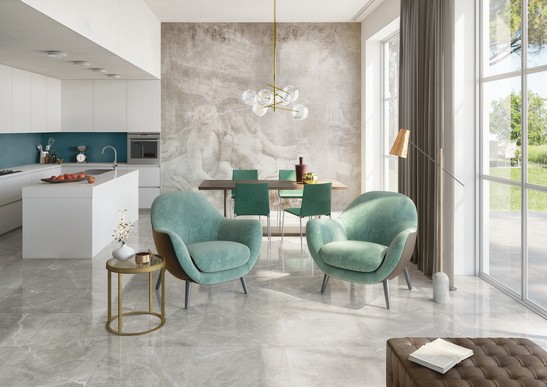 Modern and elegant open-plan living room with marble-effect flooring and wallpaper