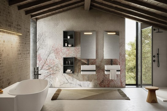 Salle de bains moderne avec baignoire et papier peint 