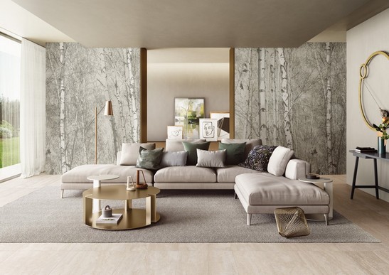 Modern beige living room with travertine-effect flooring and wallpaper